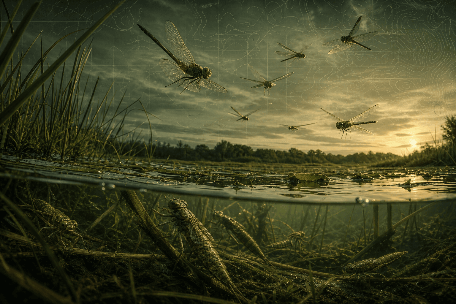 Dragonfly nymphs beneath wetland reeds with adult dragonflies forming a natural aerial unit above the water