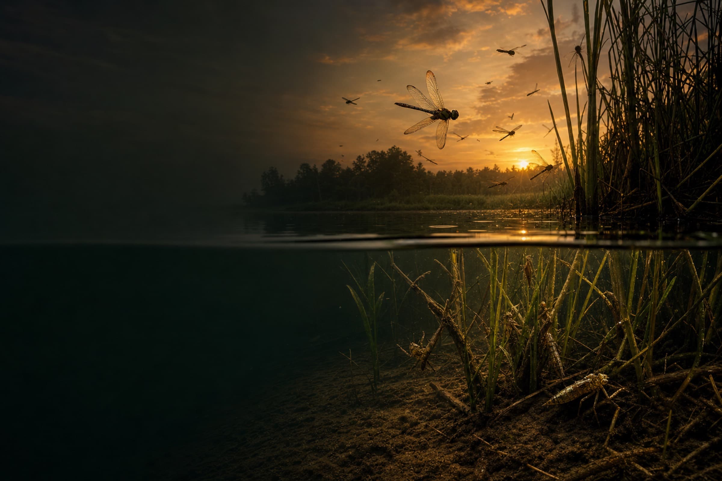 Split wetland at dusk: quiet dark water on the left, adult dragonflies patrolling above and nymphs hunting below among reeds on the right