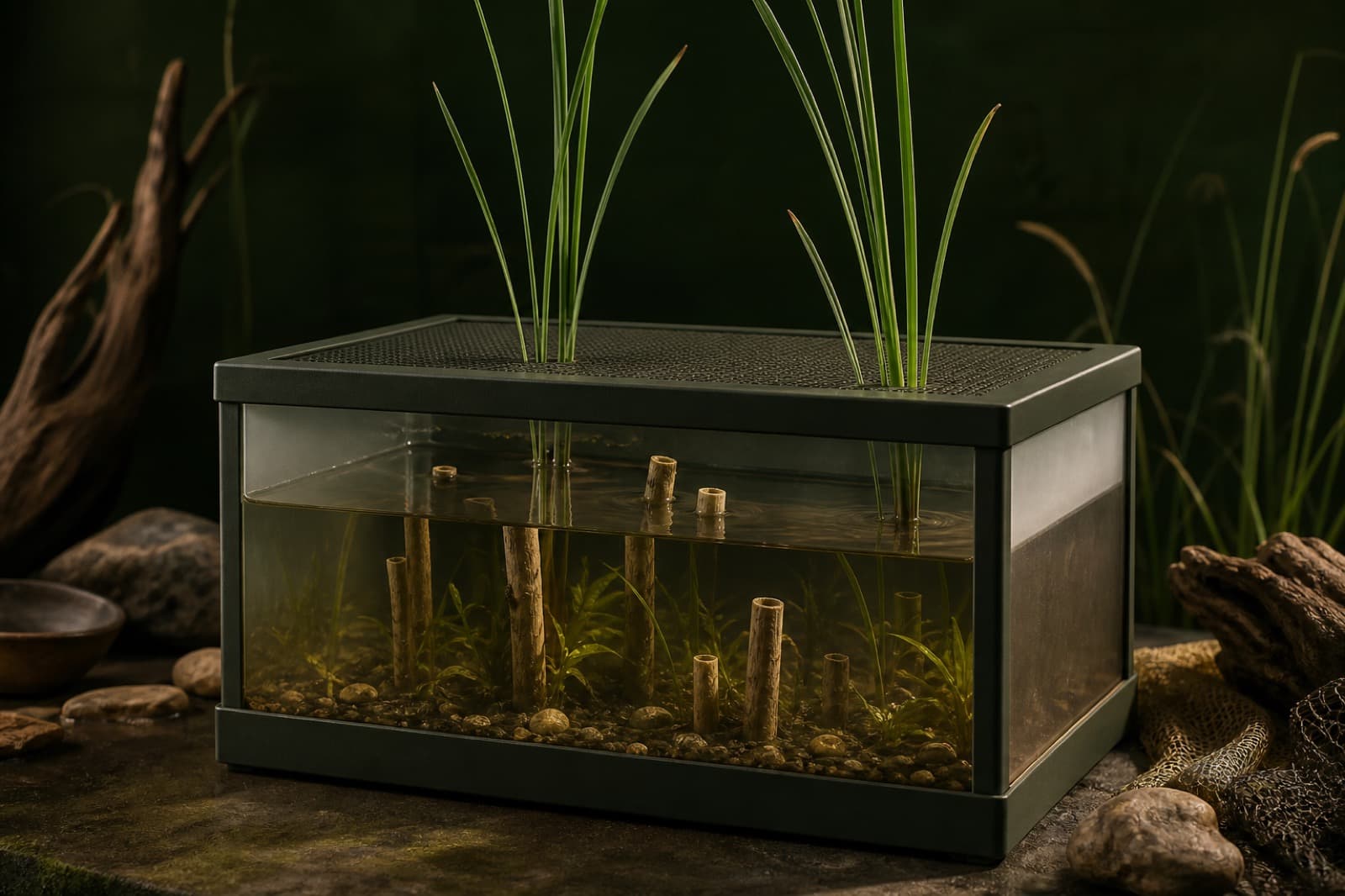 Field Habitat Kit nursery tank with still water, submerged cover stems, and emergent climb reeds