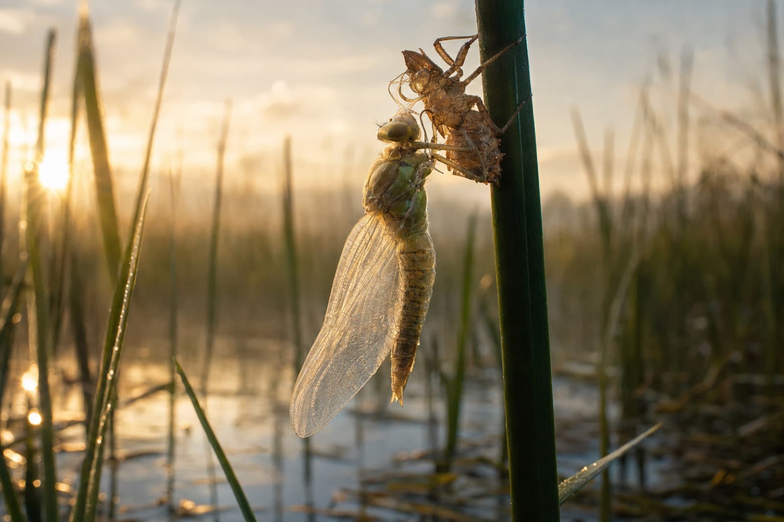 A newly emerged dragonfly drying its wings on a reed at dawn beside its empty exuvia