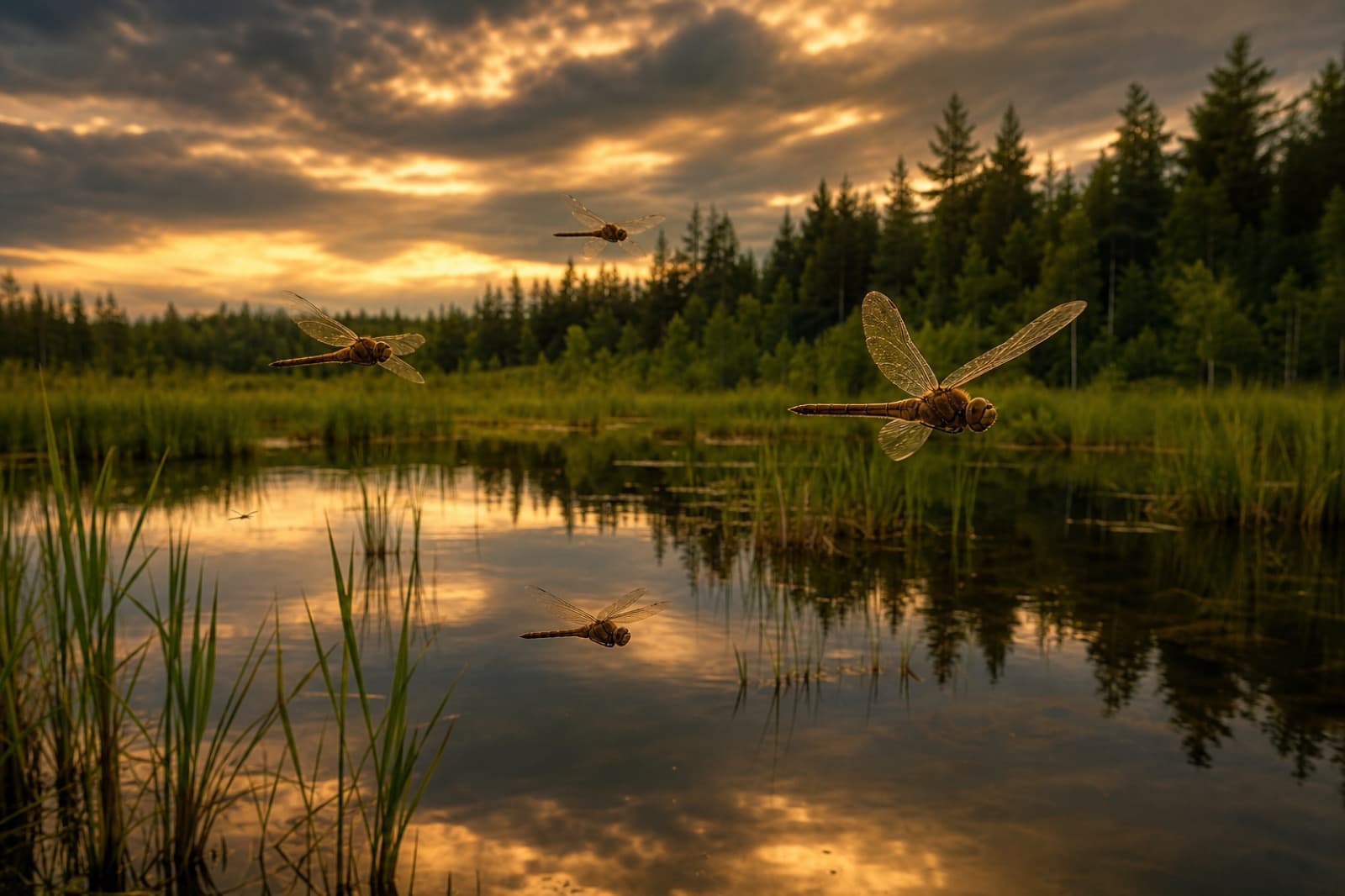 Adult dragonflies patrolling over a calm wetland pond at golden hour