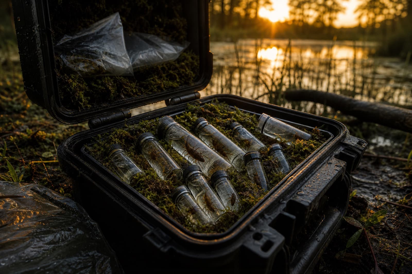 Field crate opened beside a pond with live nymph vials nestled in damp packing moss
