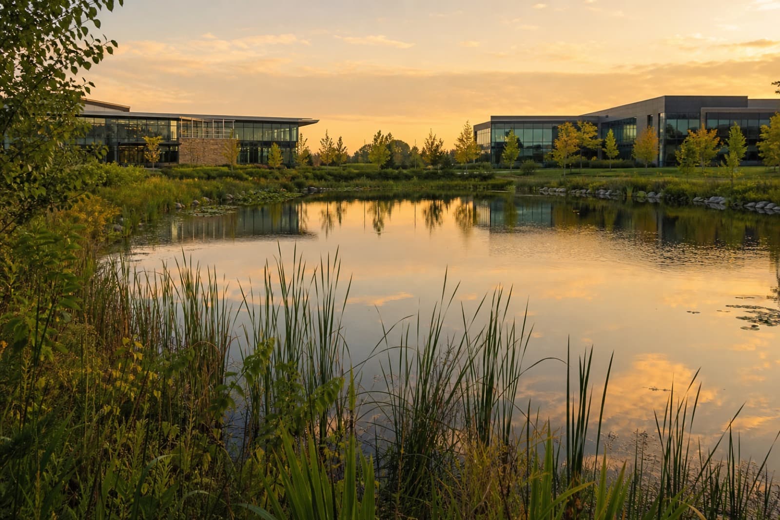 Landscaped campus retention basin edged with reeds and native wetland plants