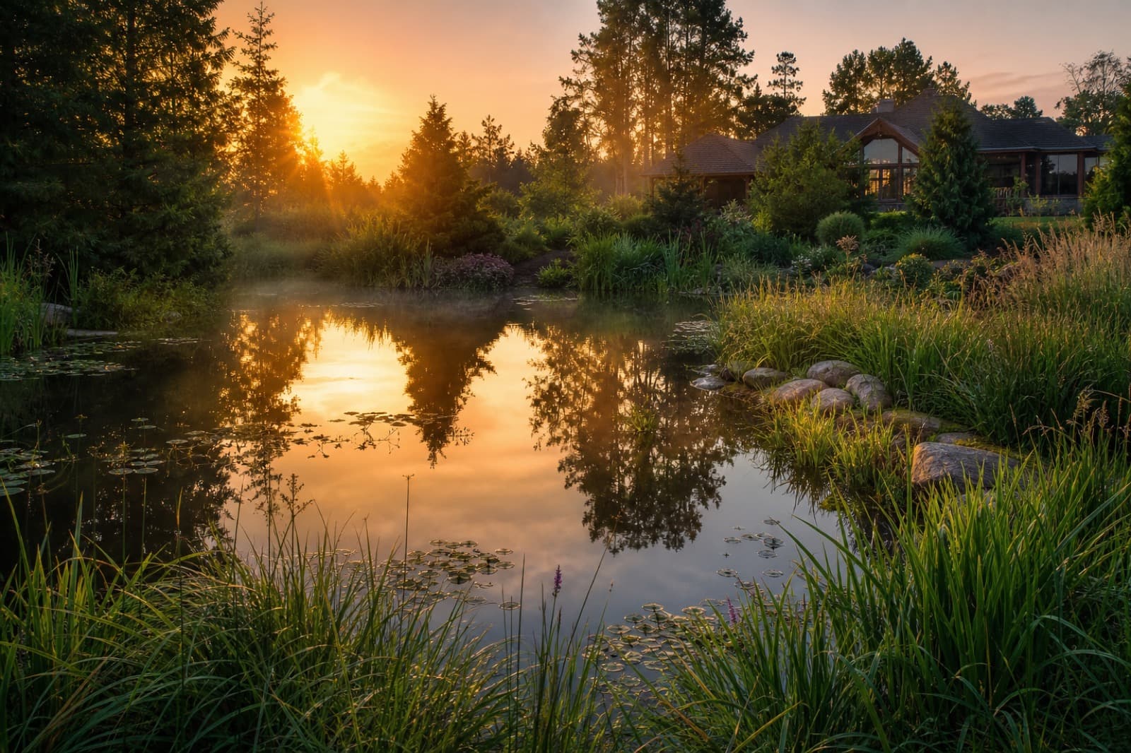 Backyard wetland garden with a calm pond, reeds, and marsh grasses at golden hour