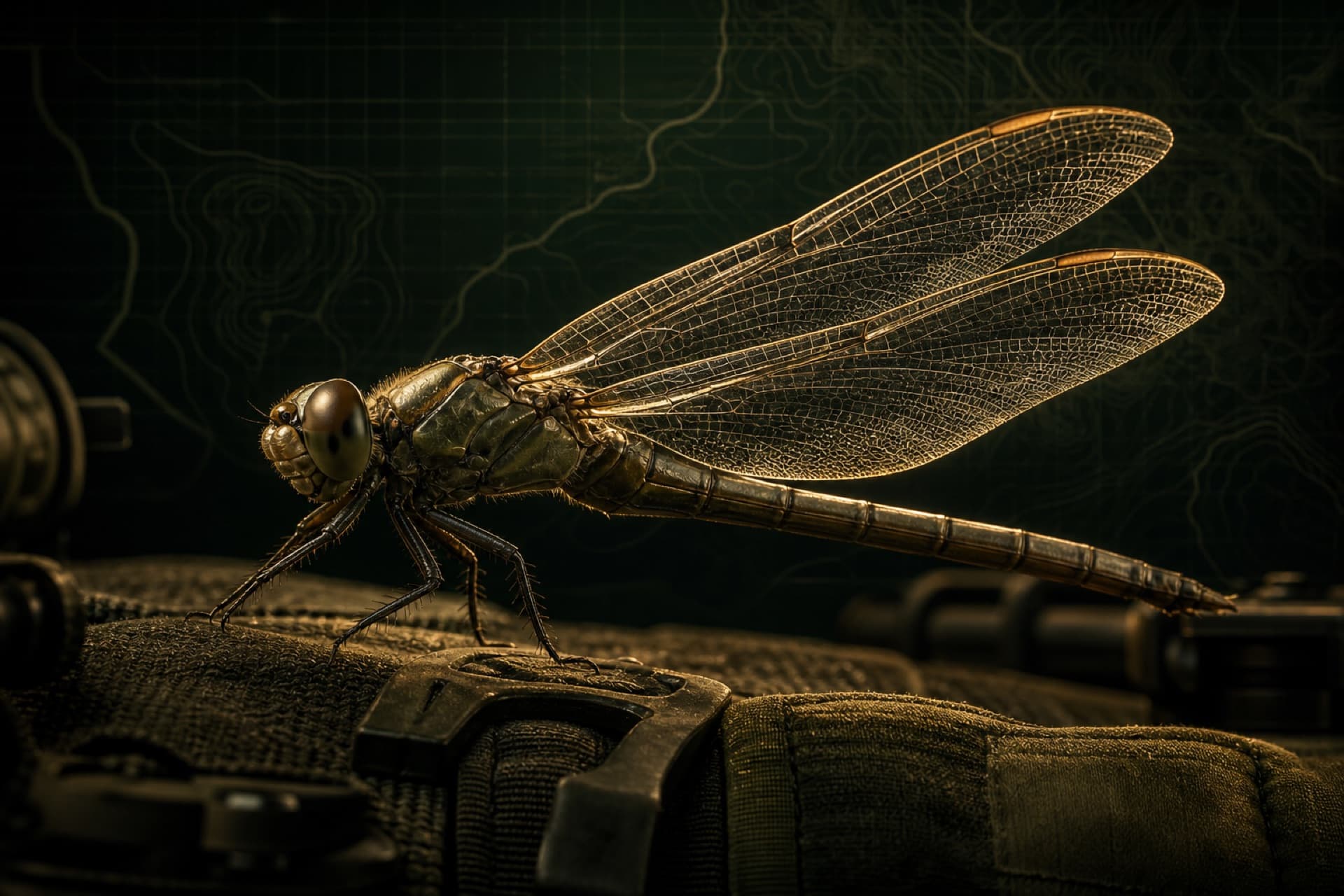 Adult dragonfly presented like elite field hardware on a dark ops display, wings lit in amber against deep green